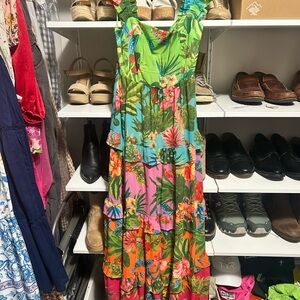 Tropical Tiered Maxi Dress in Green & Pink